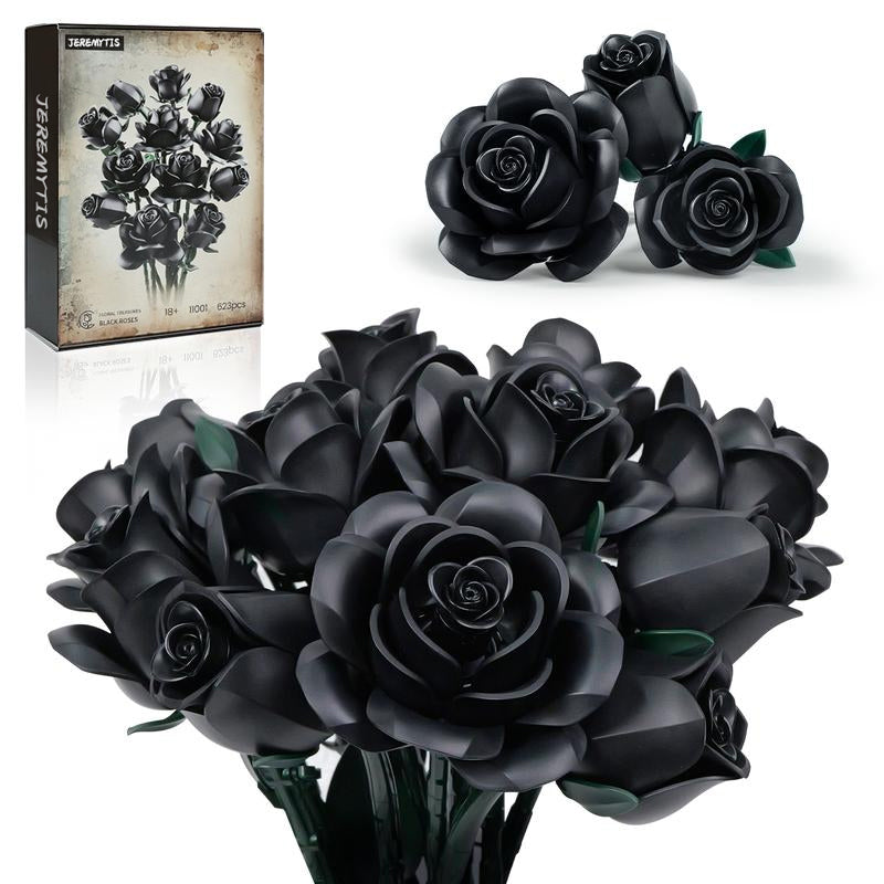 JEREMYTIS Black Rose Flower Bouquet BuildingSet, Black Rose Botanical Collection Blocks KitCompatible for Adults Women, Artificial FlowersGothic Decor for Valentine's Day & Halloween