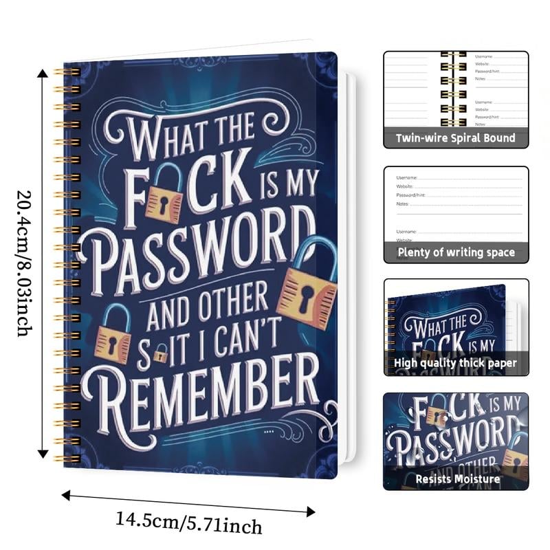 📅Funny Password Notebook - Spiral Bound with Lock Icons & Funny Security Phrases✍️