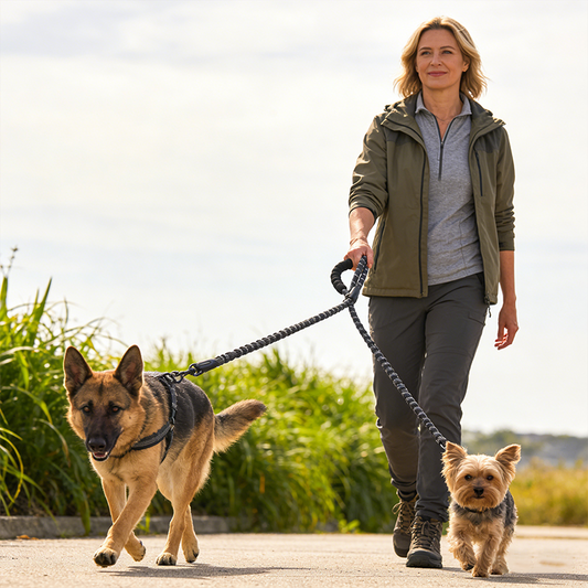 🐶Heavy Duty Dog Leash with Shock Absorbing Bungee for Walking 2 Dogs (25-150 lbs)