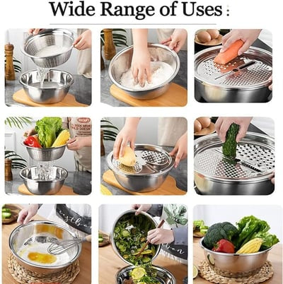 Premium 3-in-1 Multifunctional Stainless Steel Bowl & Grater Set