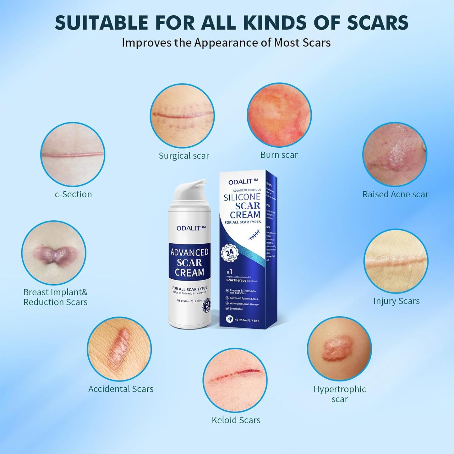 ODALIT™ Scar Cream Gel, Advanced Silicone Scar Gel, Professional Scar Removal Cream for Surgical Scars, Stretch Mark, Keloid Bump, C-Section, Old and New Scars