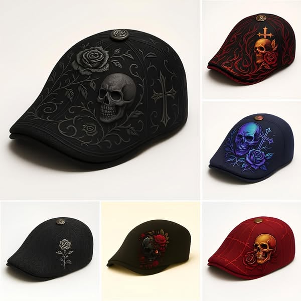 💀Handcrafted Skull & Thorn Flat Cap🎁