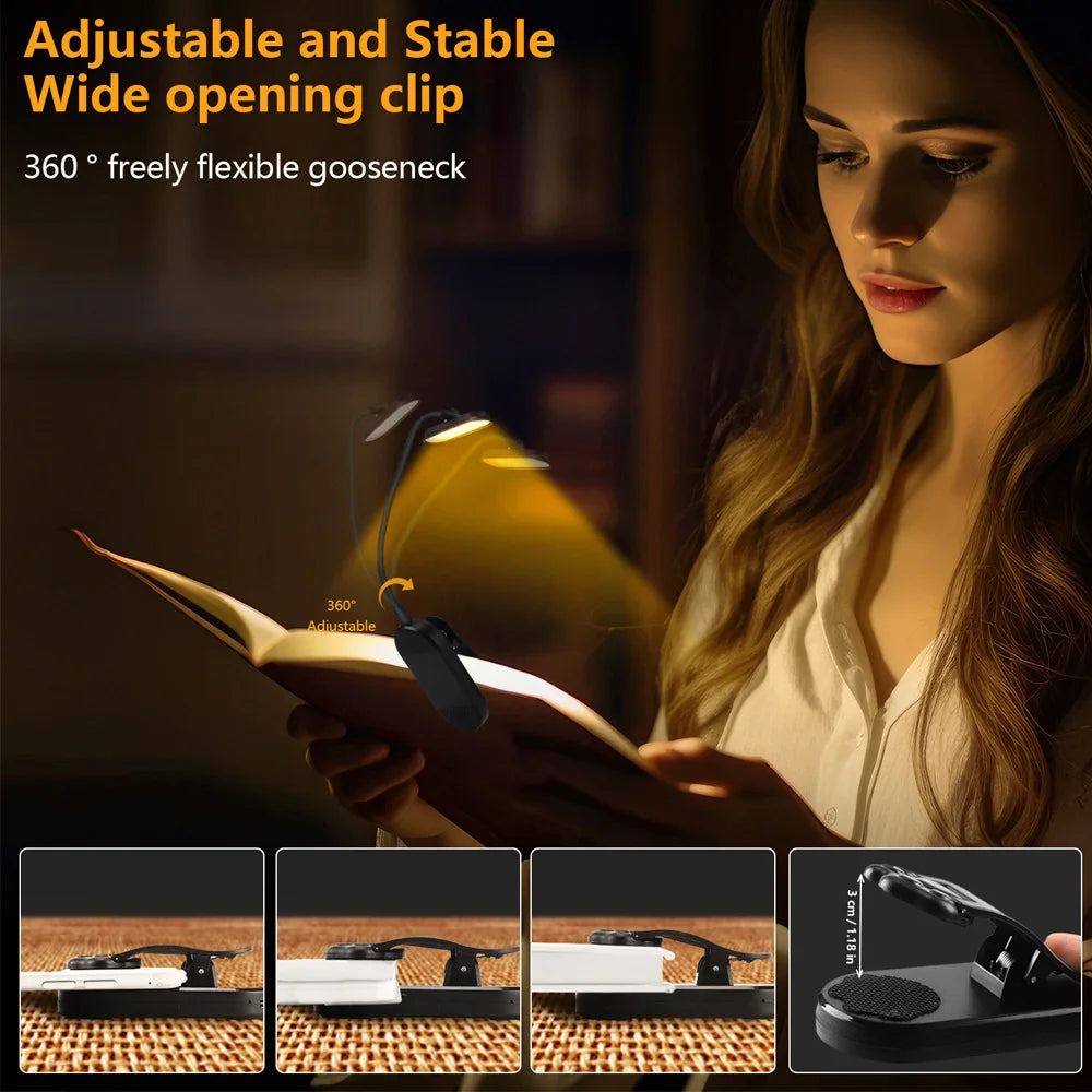 Rechargeable LED Clip-On Book Light with 3 Colors & Flexible Gooseneck
