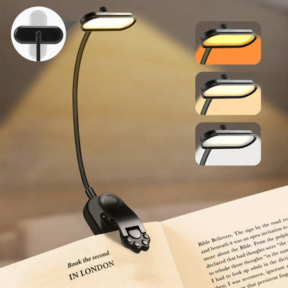 Rechargeable LED Clip-On Book Light with 3 Colors & Flexible Gooseneck